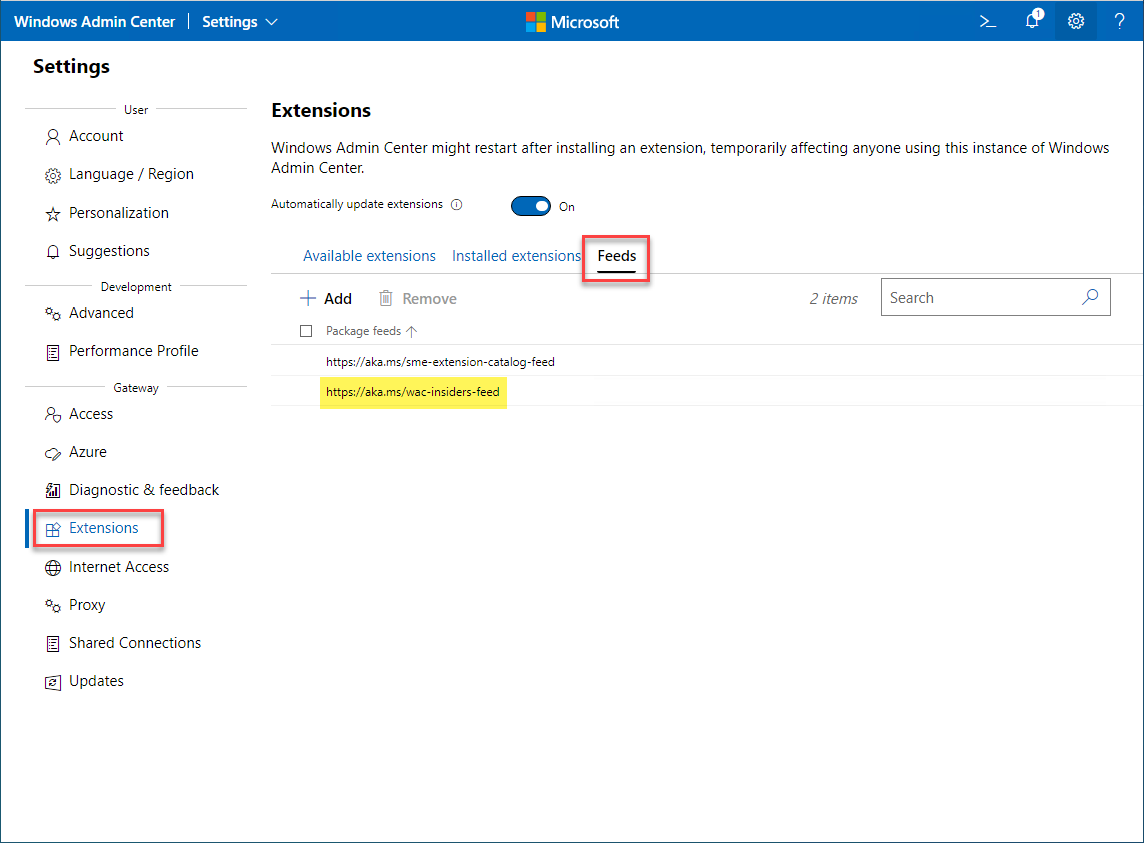 Adding the Insider Preview feed for Windows Admin Center