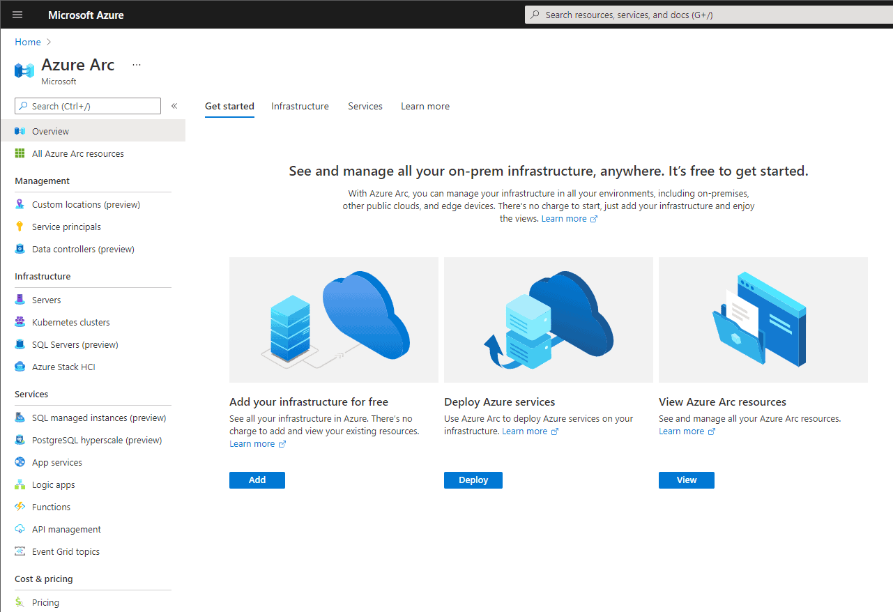 Azure Arc dashboard in the Azure portal