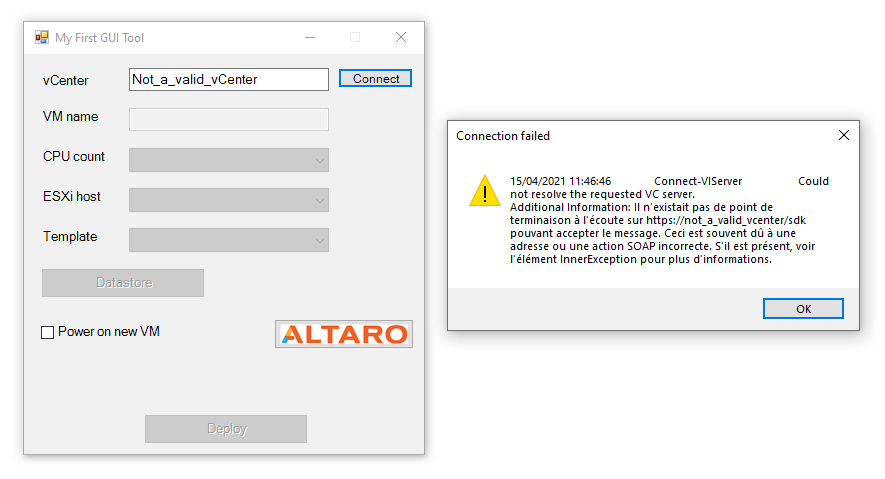 Case of an unsuccessful vCenter connection.