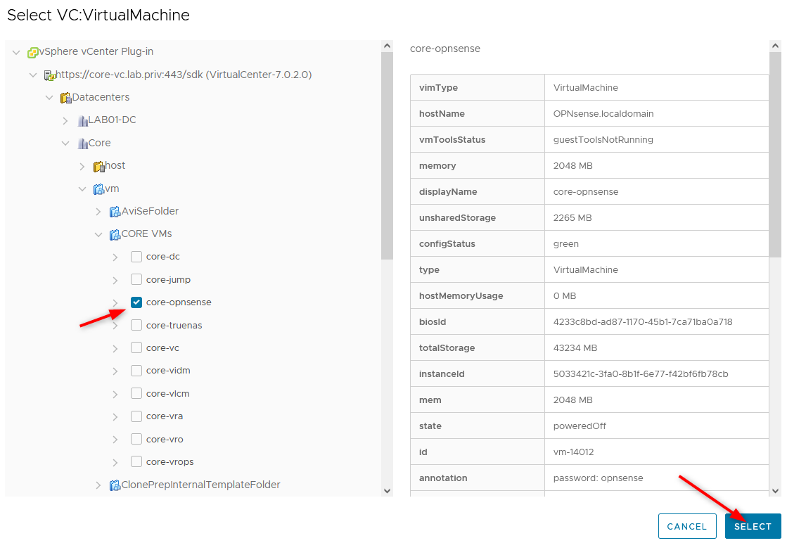Expand the tree view and check the virtual machine(s) you want to snapshot and click Select
