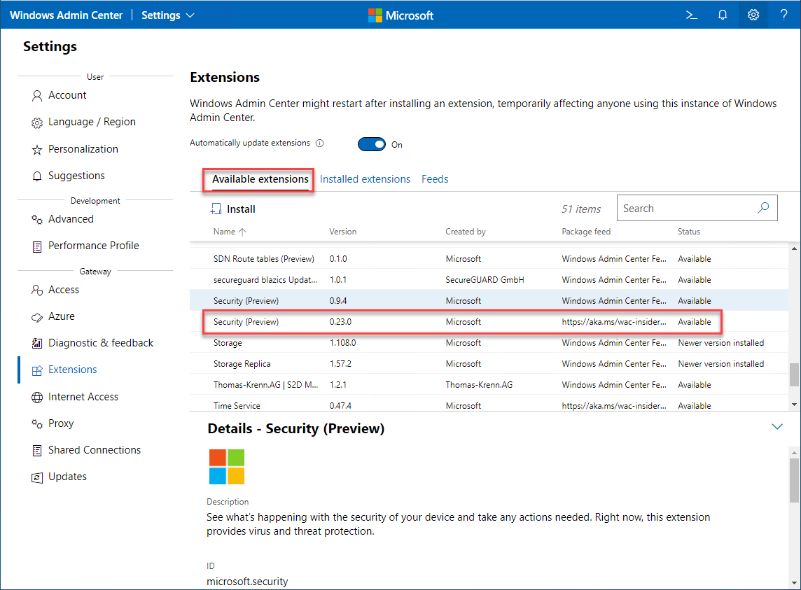 Installing the Insider Preview Security Extension