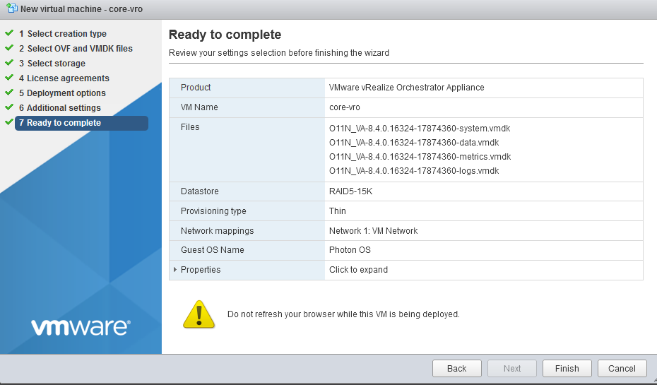review the settings and hit Finish to start the deployment