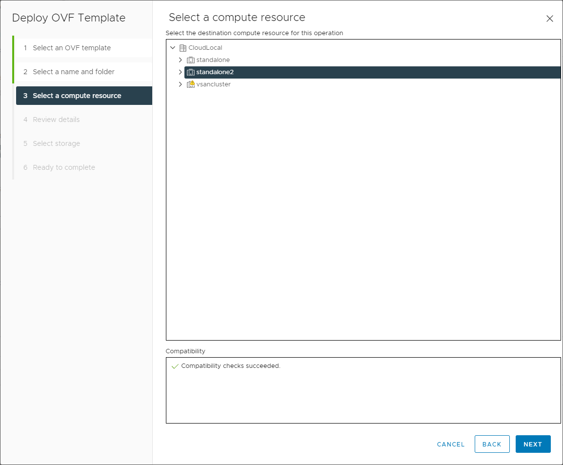 Select the compute resource to deploy your VEBA OVA
