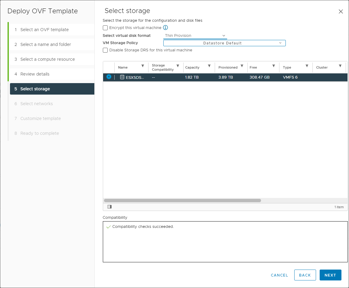 Select the storage for your VEBA OVA deployment