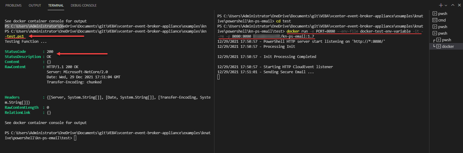 Testing the Docker container and event-driven automation with the test PowerShell script