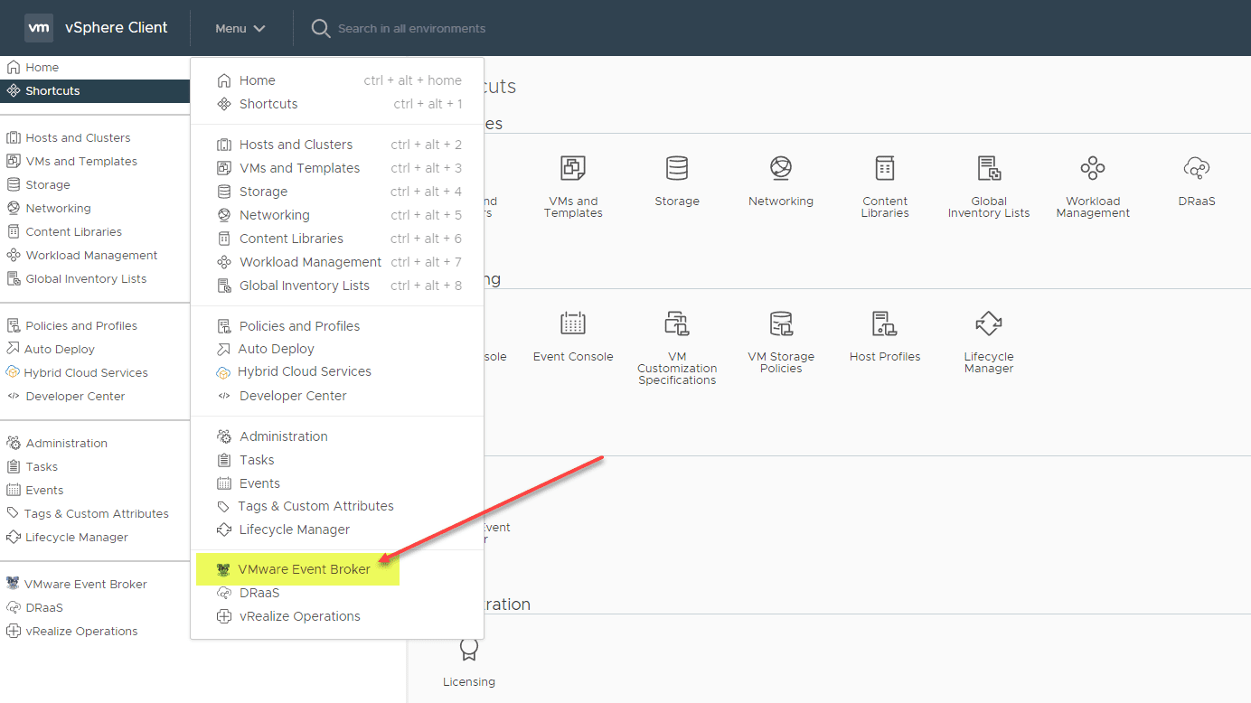 The VMware Event Broker plugin installed and listed in the vSphere Client