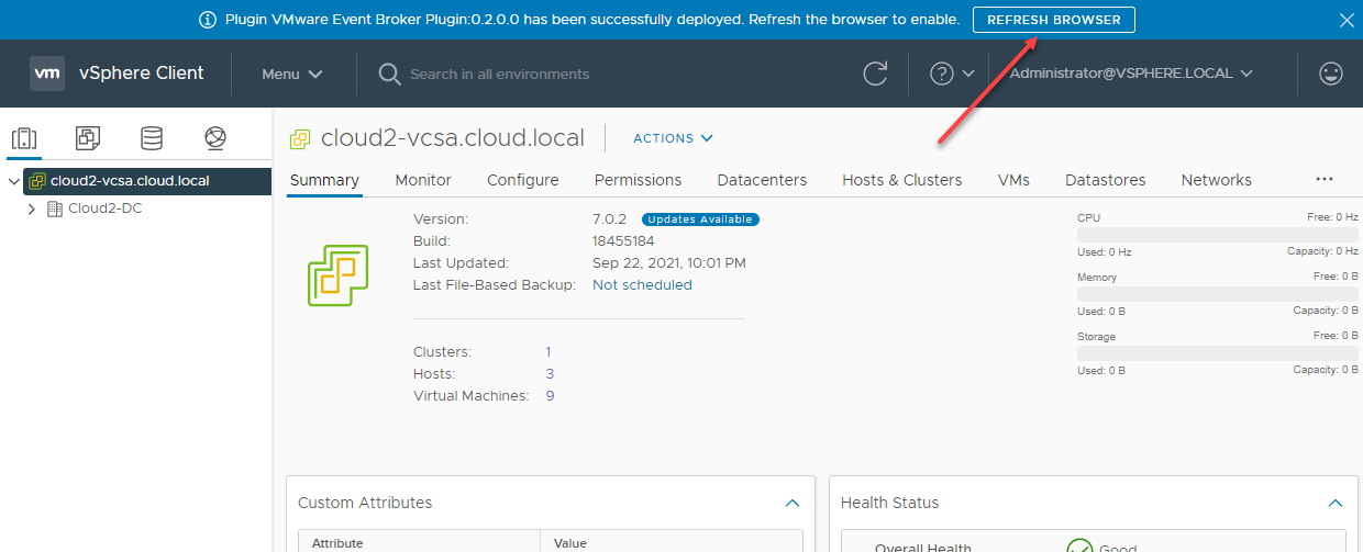 The VMware Event Broker Plugin successfully deployed requiring a refresh of the browser