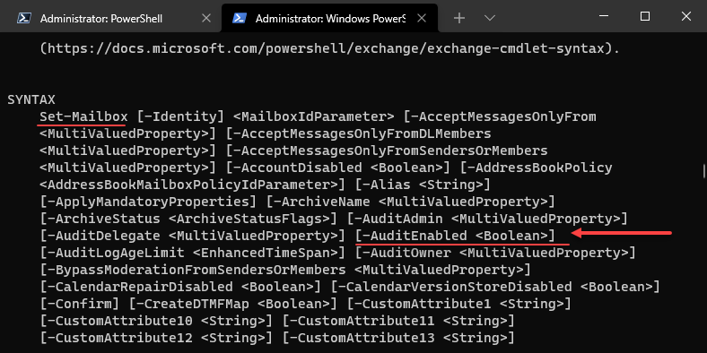 Using the Set-Mailbox cmdlet to turn on the AuditEnabled flag
