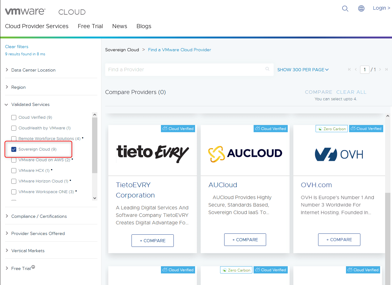 VMware Sovereign Cloud providers can be filtered out in cloud.vmware.com