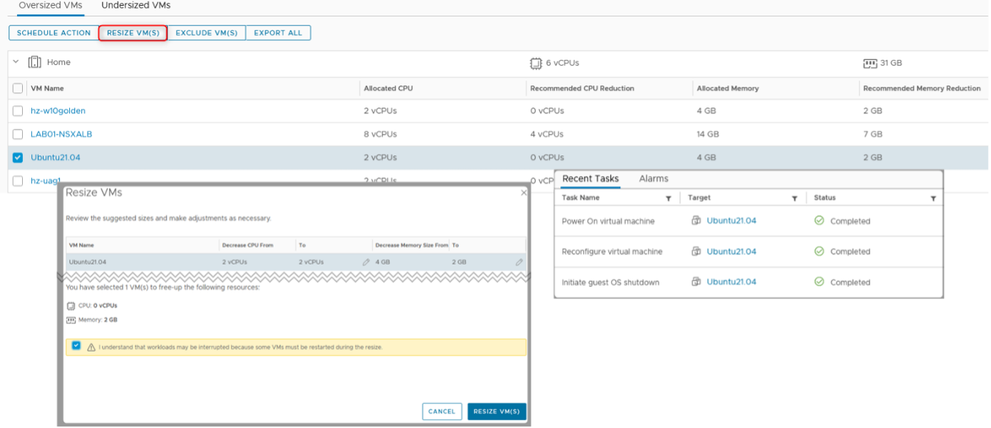 vROPS resize operations