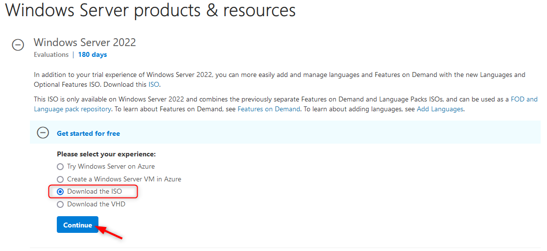 Windows Server 2022 download to prepare the template VM